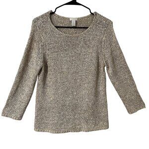Chico's Women's Long Sleeve Sequin Mesh Top | Layering Summer Sweater | Tan S